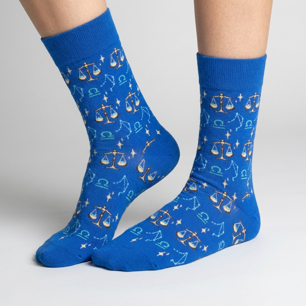 Blue socks with zodiac symbols on a light gray background