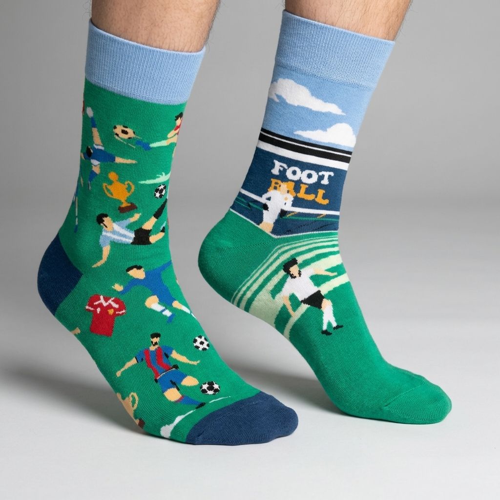 Green socks with soccer-themed designs on a gray background