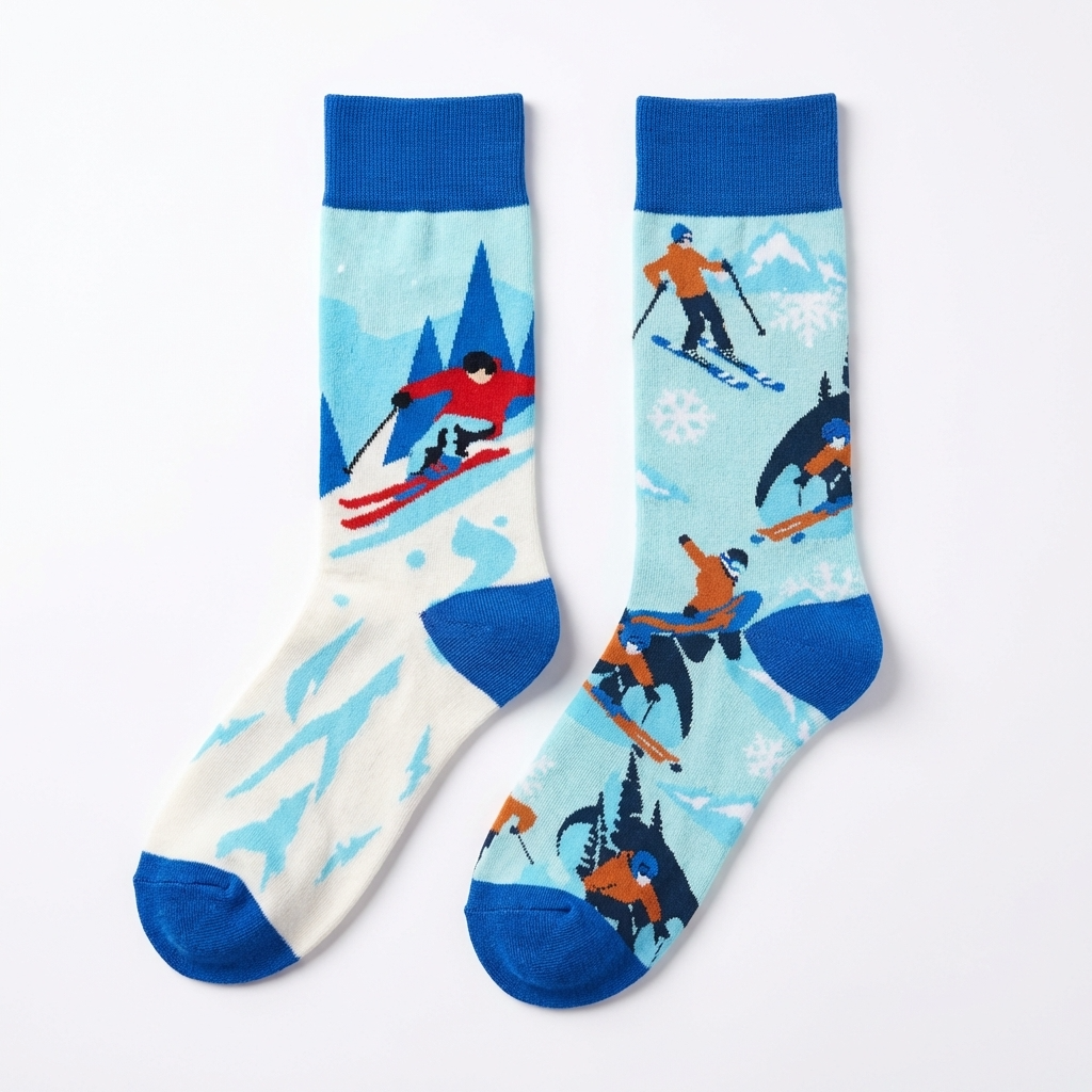 Two socks with skiing design on a white background