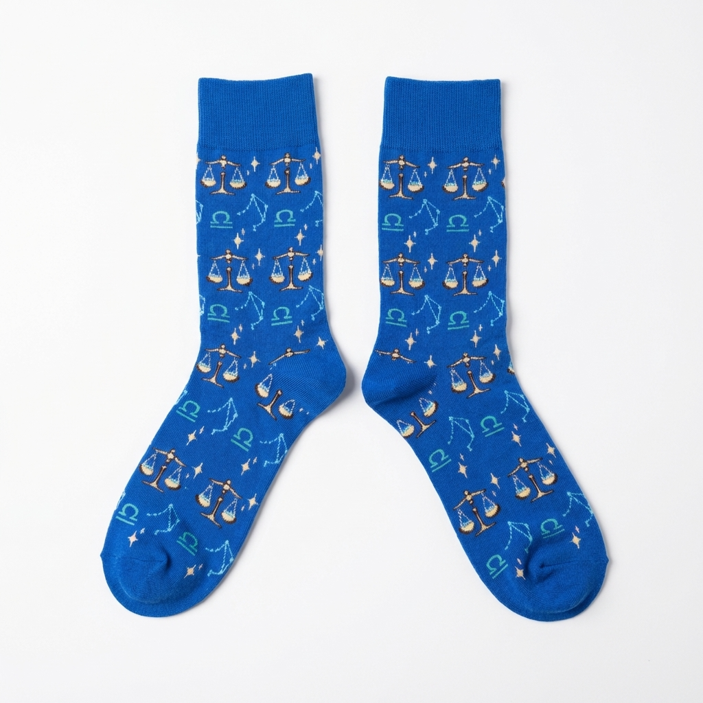 Blue socks with Libra zodiac symbol pattern on a white background