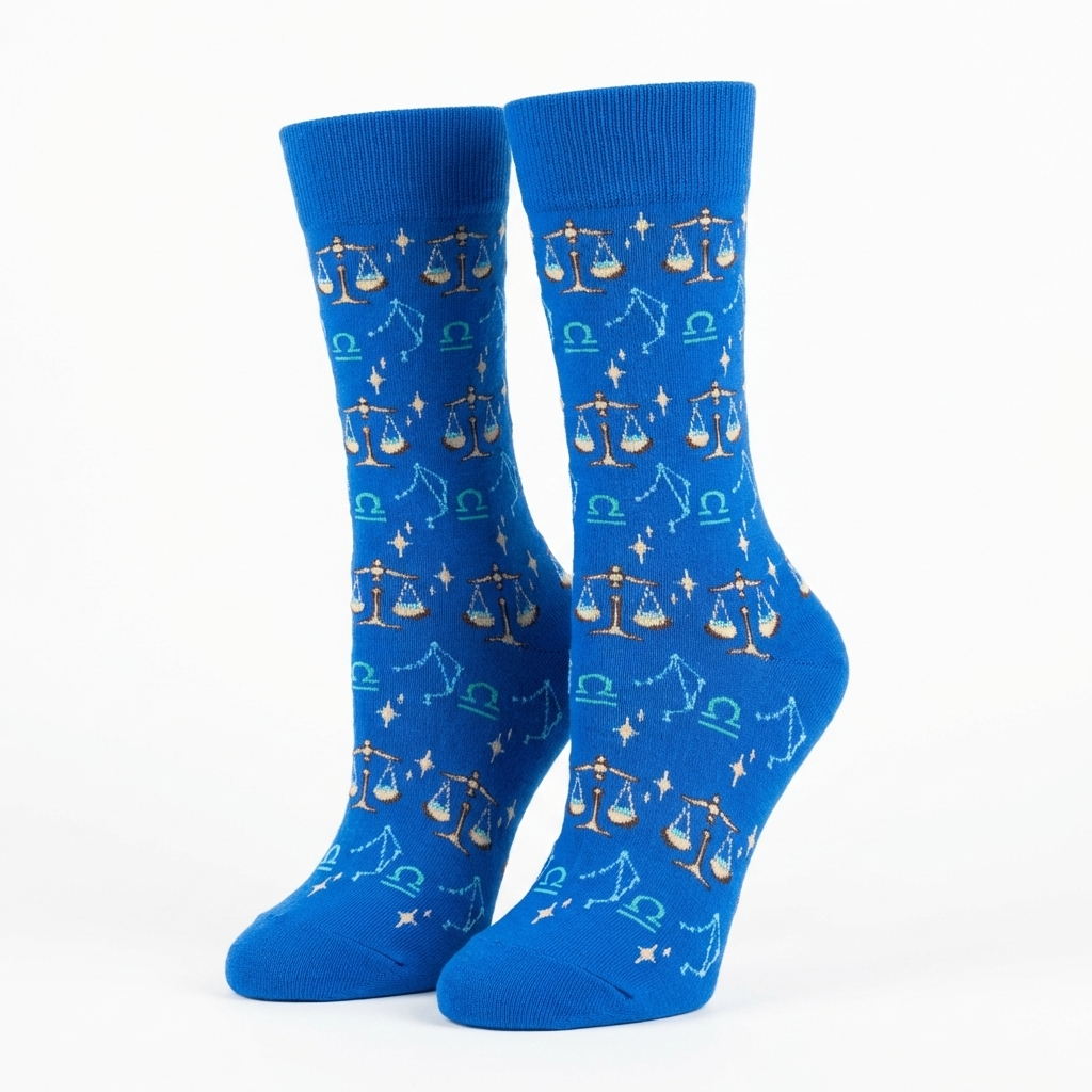 Blue socks with Libra zodiac symbol pattern on a white background