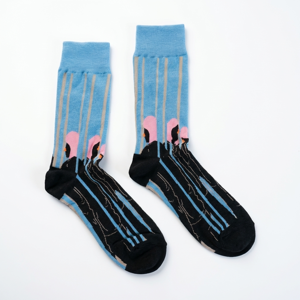 Pair of socks with blue and black design on a white background