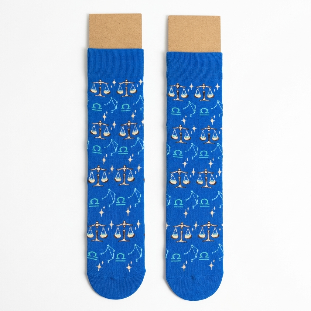 Blue socks with zodiac pattern on a white background