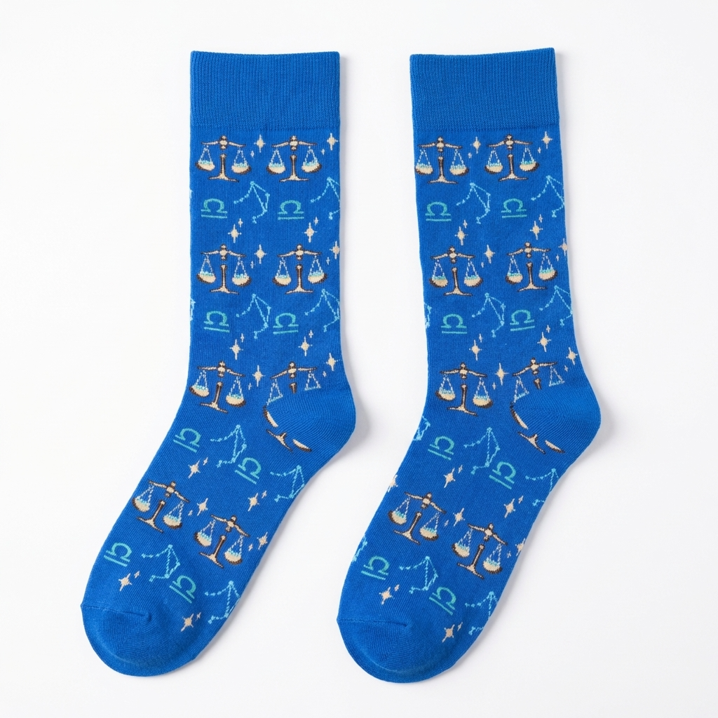 Blue socks with Libra zodiac symbol pattern on a white background