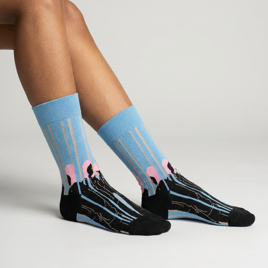 Light blue socks with black and pink designs worn by a person on a light gray background