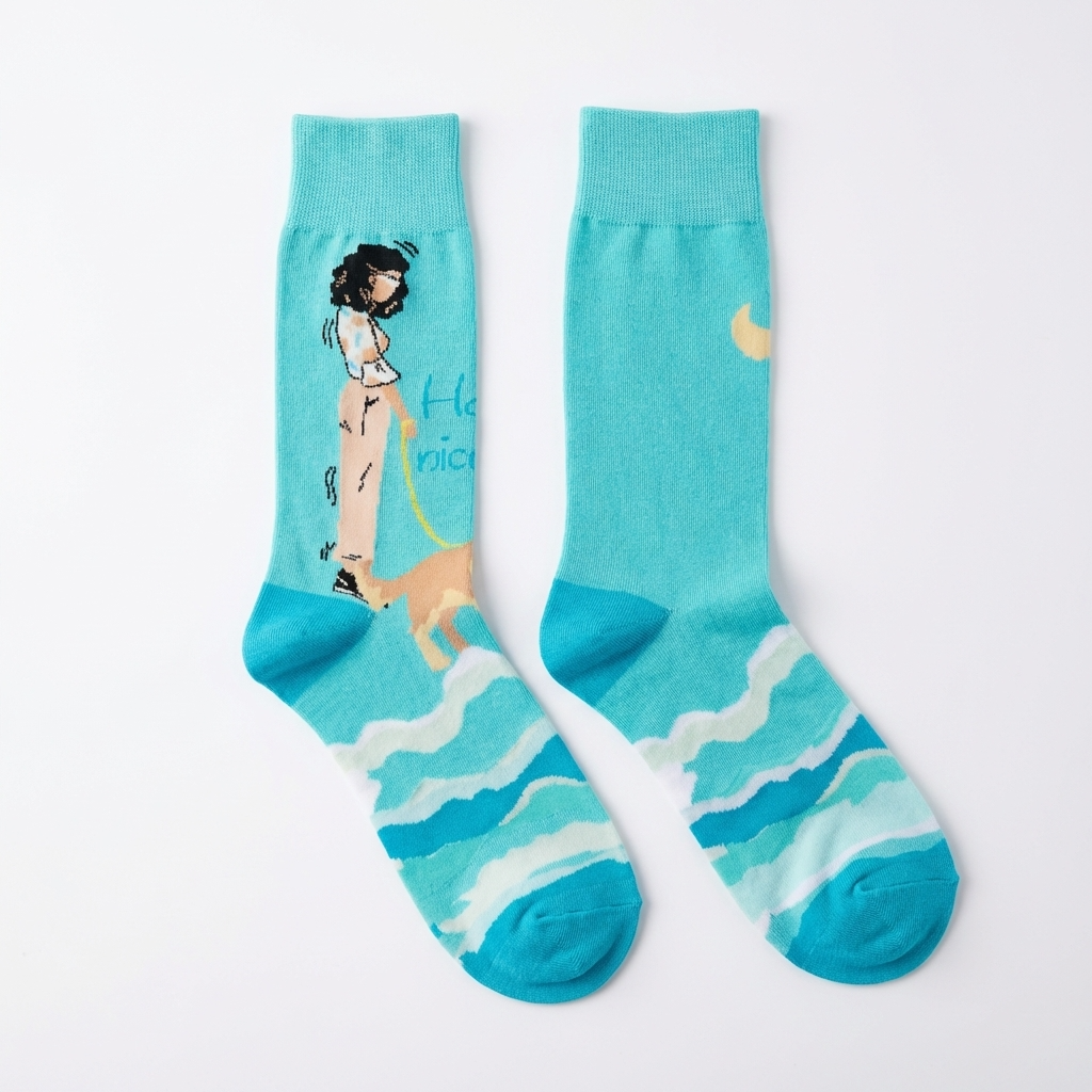 Pair of turquoise socks with a design of a person and a dog on a white background