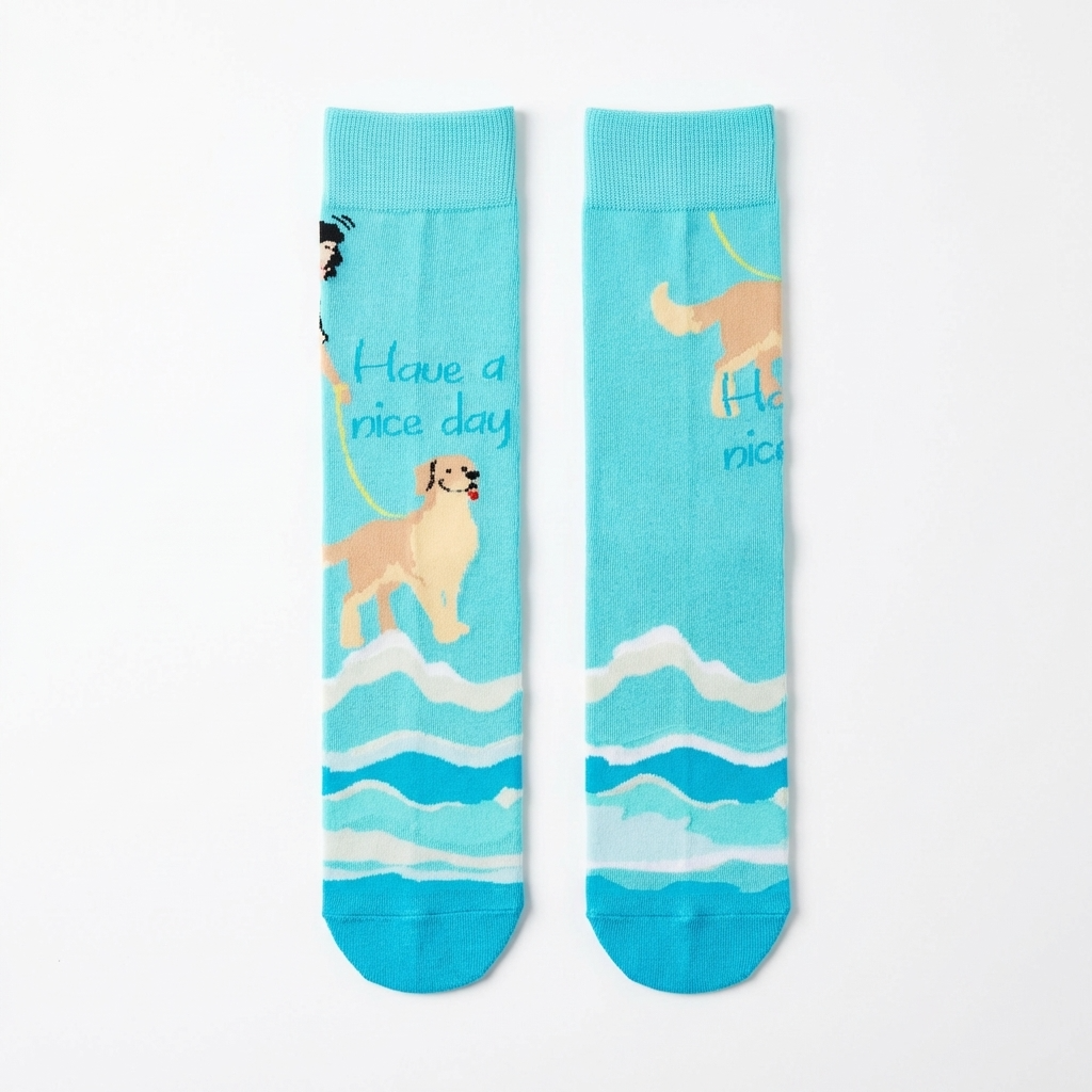 Turquoise socks with dog illustrations and text on a white background
