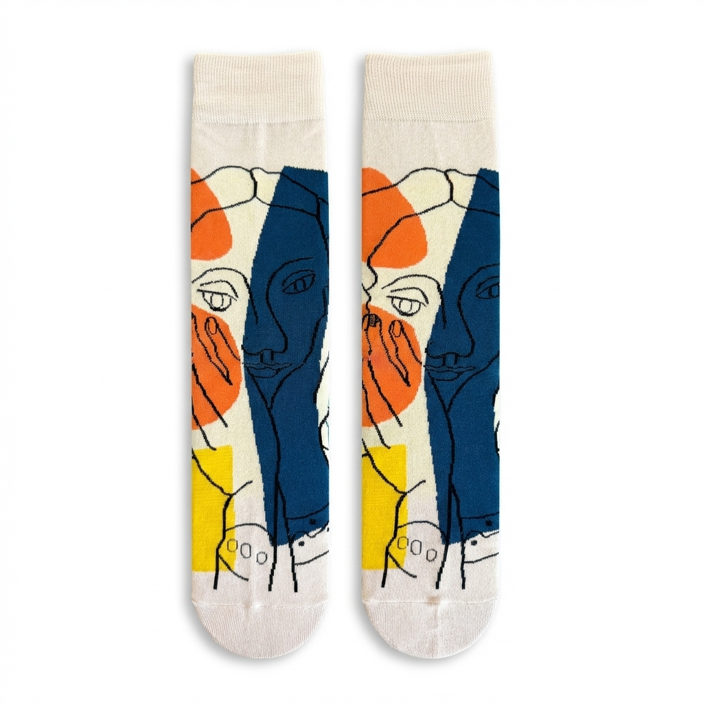 Pair of socks with abstract face design on a white background