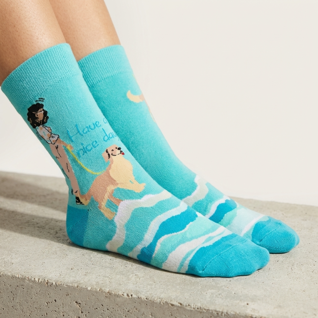 Turquoise socks with a design of a woman and dog on a concrete surface