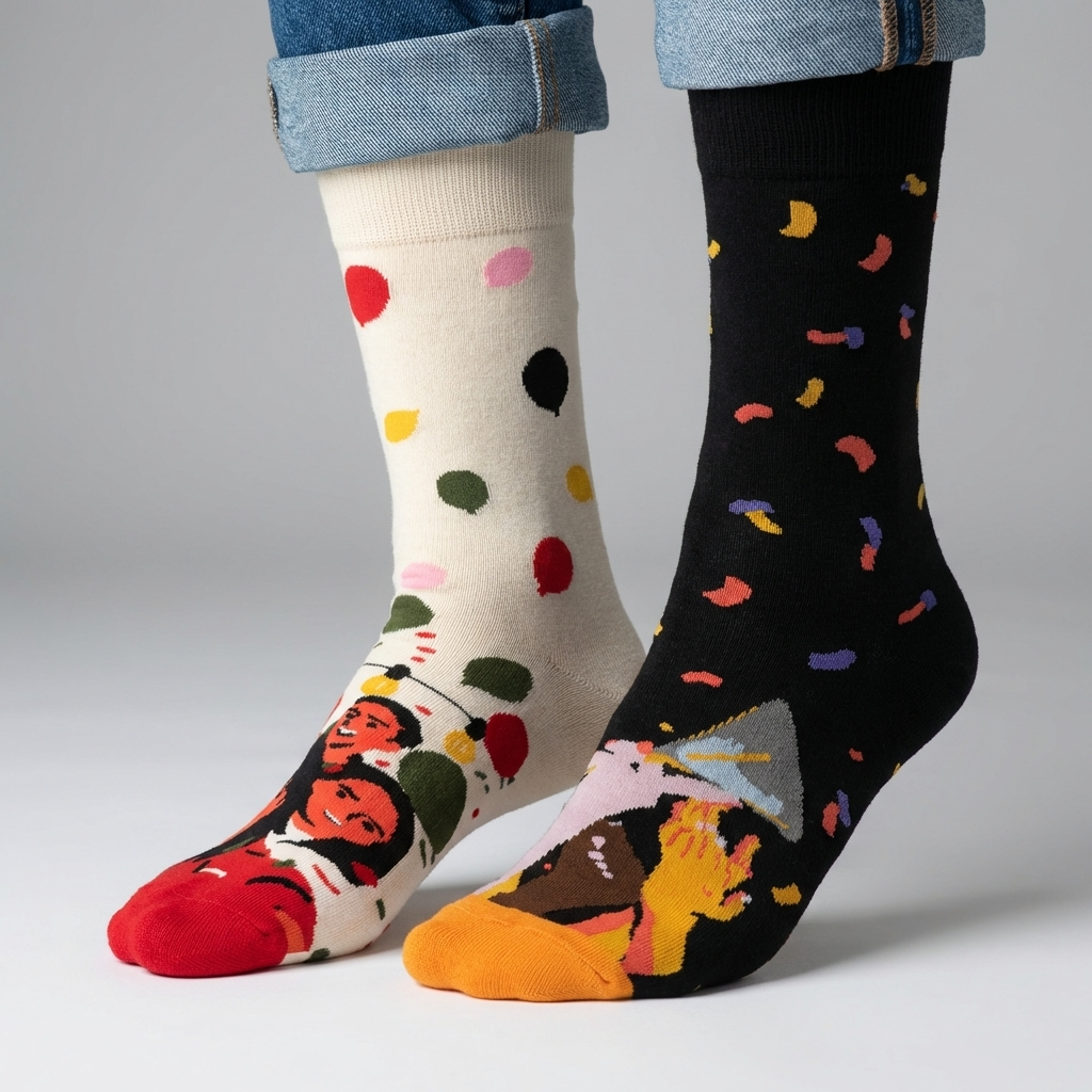 Two pairs of colorful patterned socks on a neutral background