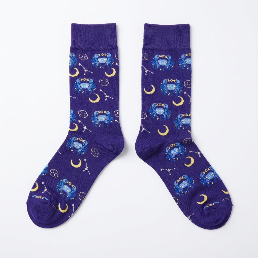 Pair of purple socks with celestial pattern on a white background