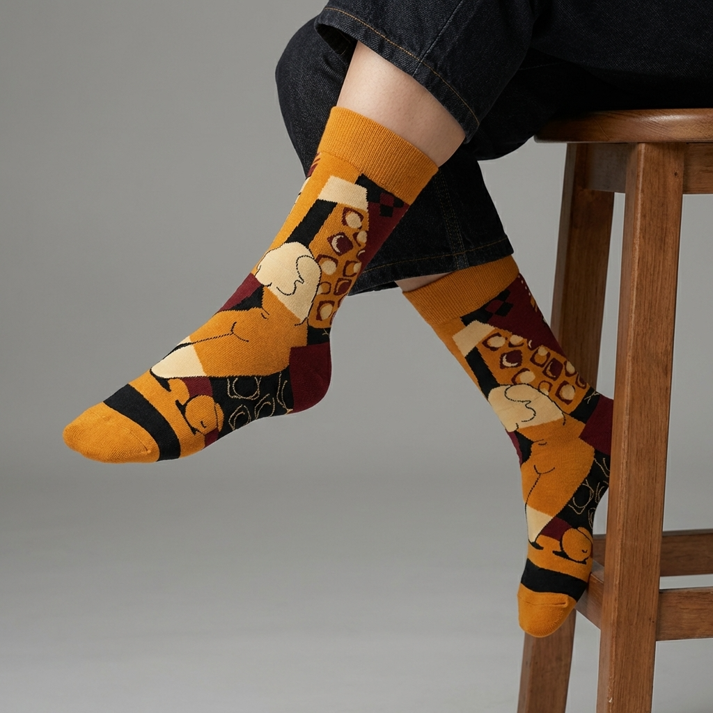 Person wearing patterned socks on a wooden stool with a gray background