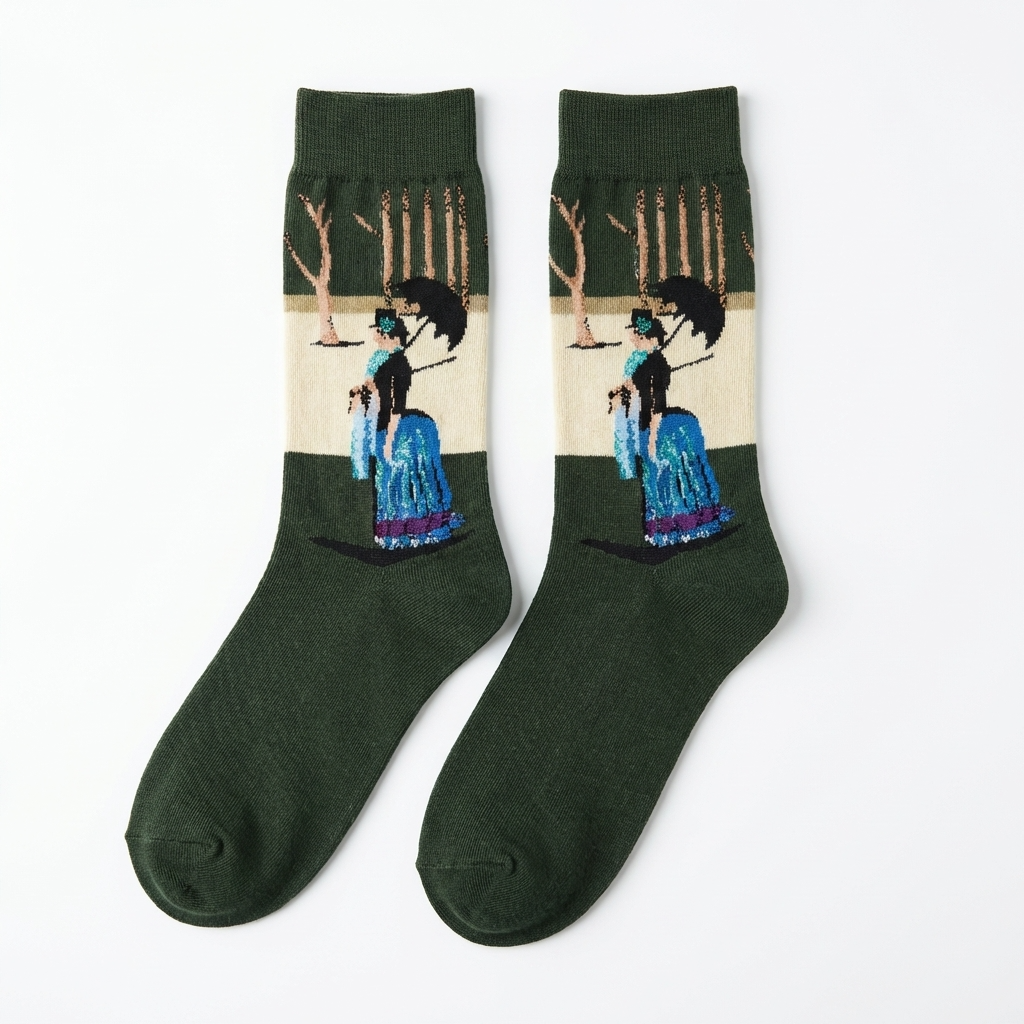 Green socks with a design of a couple in a forest on a white background