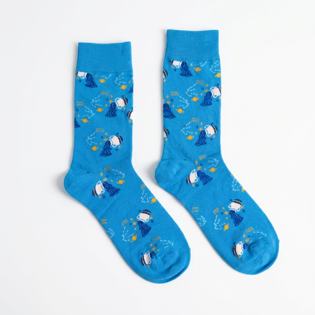 Pair of blue socks with cartoon character design on a white background