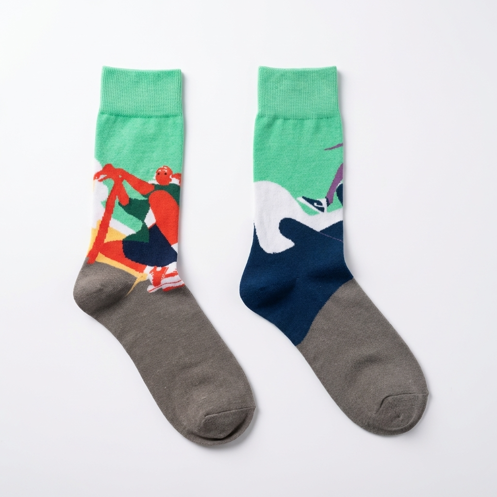 Two socks with colorful designs on a white background