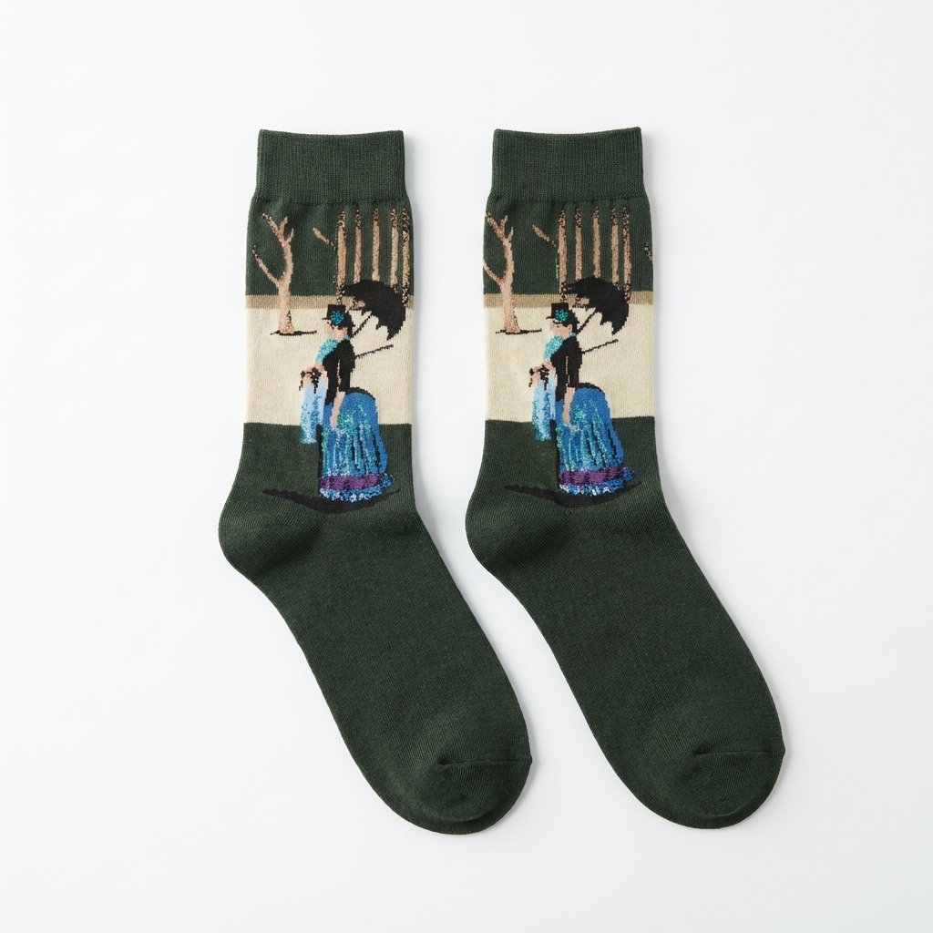 Pair of socks with artistic design on a white background
