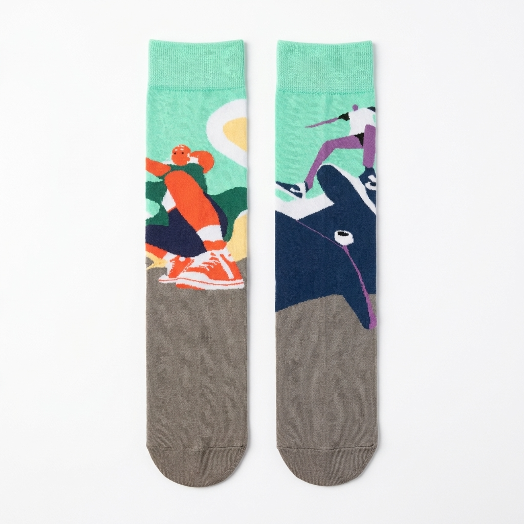 Colorful socks with graphic designs on a white background