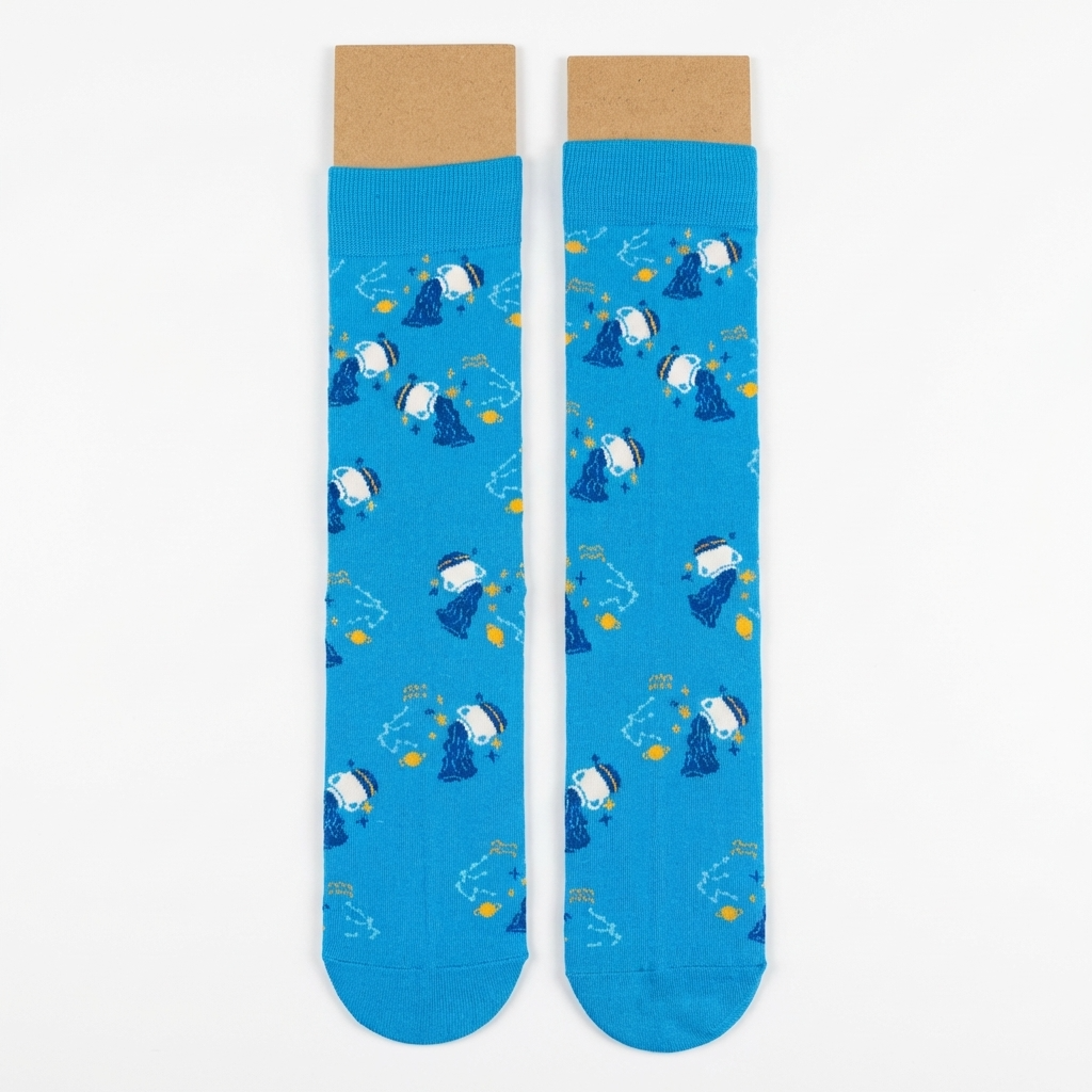 Blue socks with cartoon character pattern on a white background