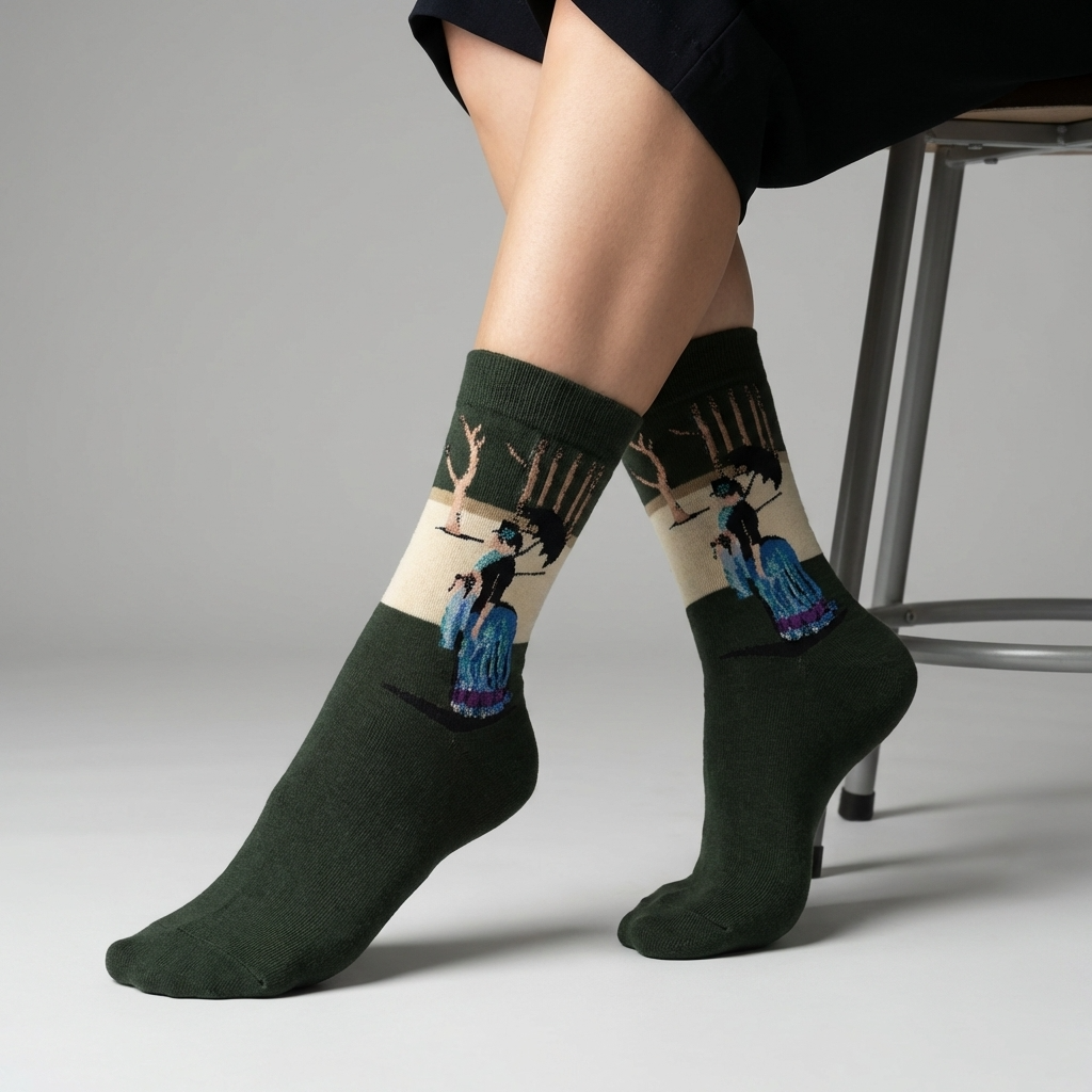 Person wearing socks with a design of people and deer on a plain background