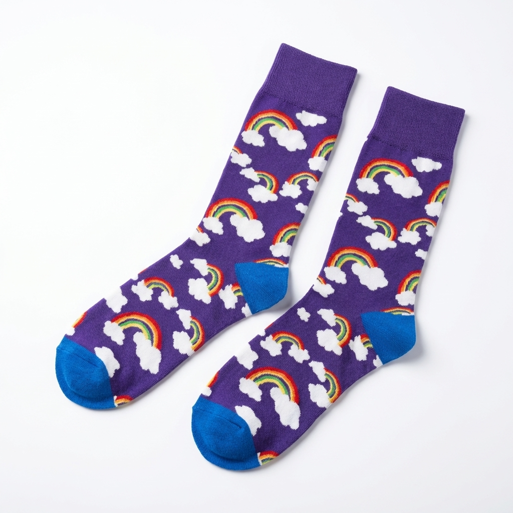 Purple socks with rainbow and cloud patterns on a white background