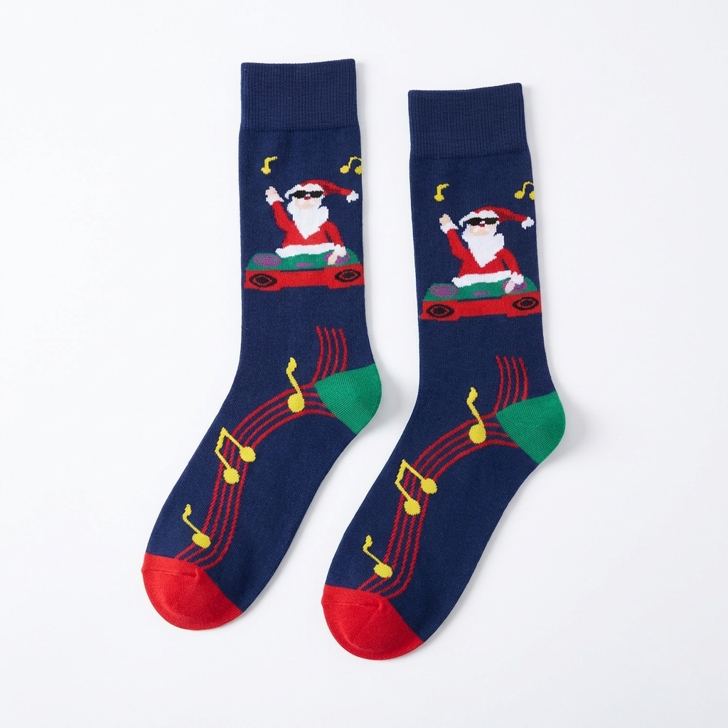 Navy blue socks with a Santa Claus design on a white background