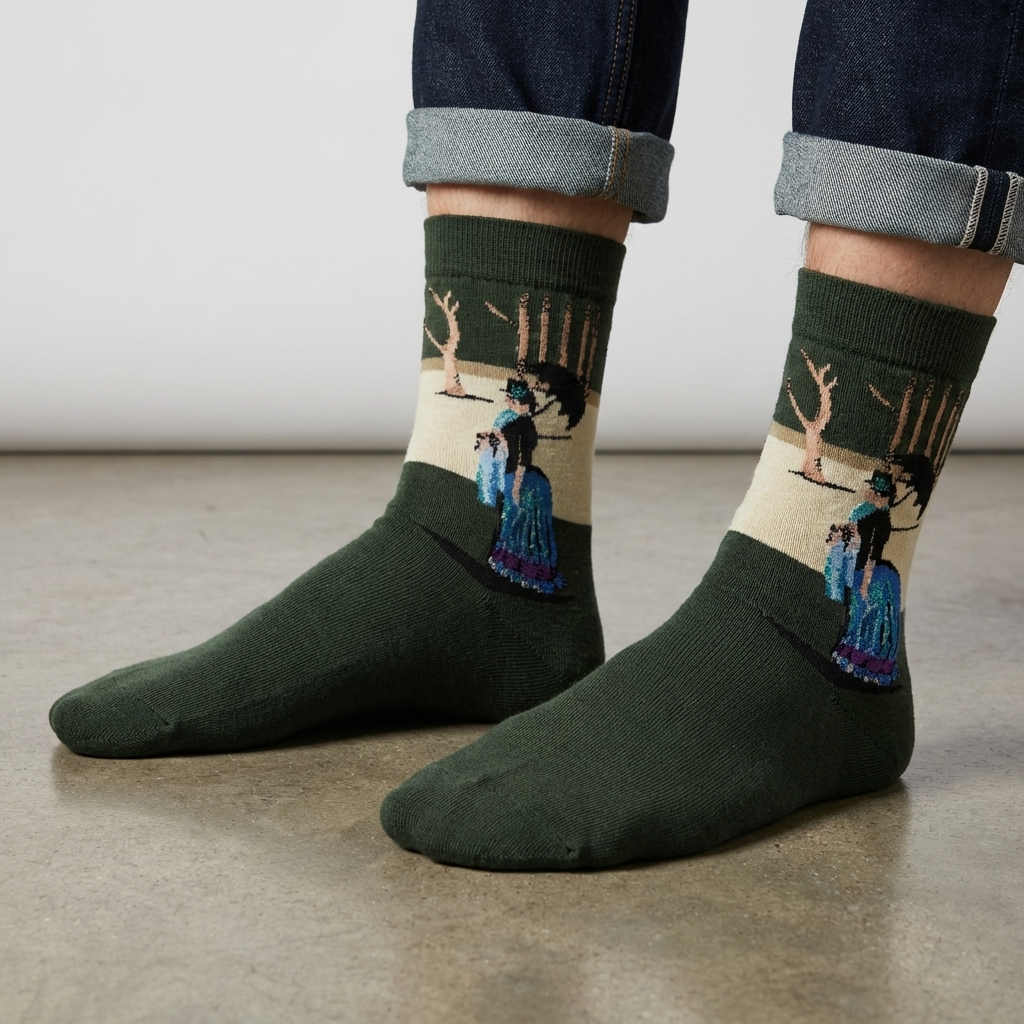 Green socks with artistic design worn by a person on a neutral background