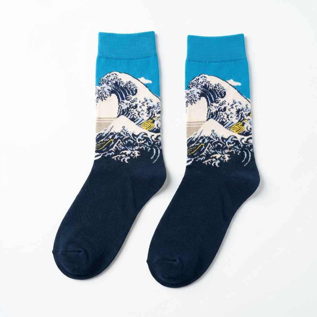 Pair of socks with wave design on a white background