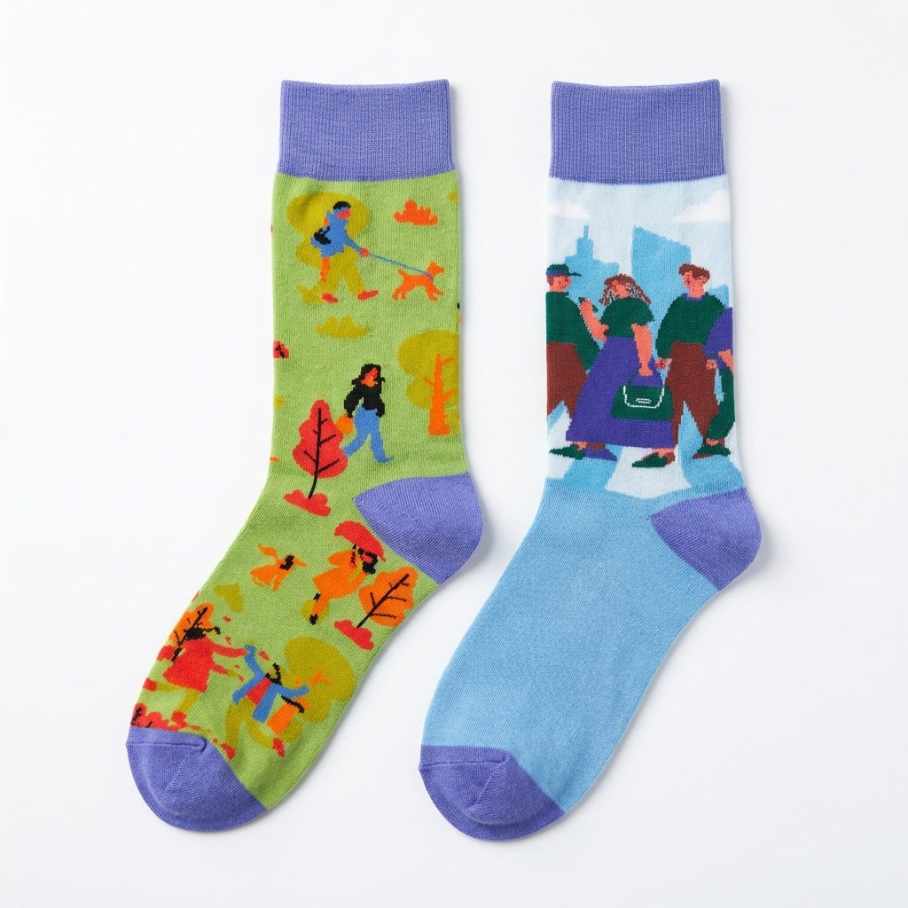 Two socks with colorful designs on a white background