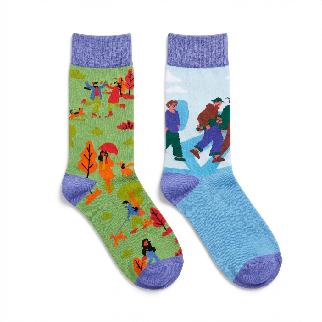 Two colorful socks with artistic designs on a white background