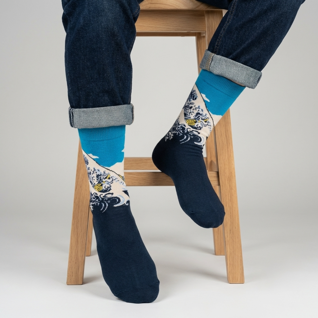 Person wearing blue socks with floral patterns sitting on a wooden stool.