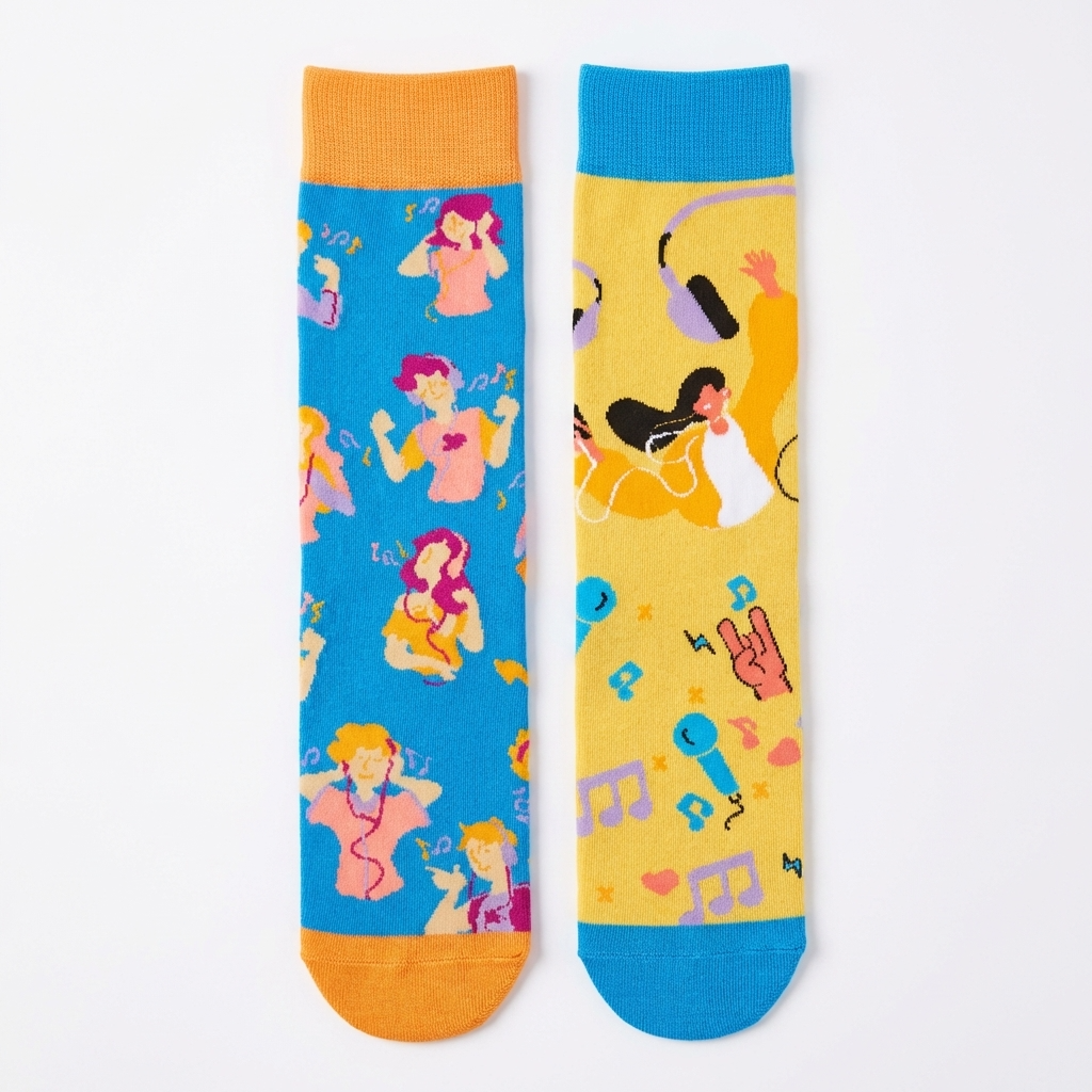Two colorful socks with musical-themed designs on a white background