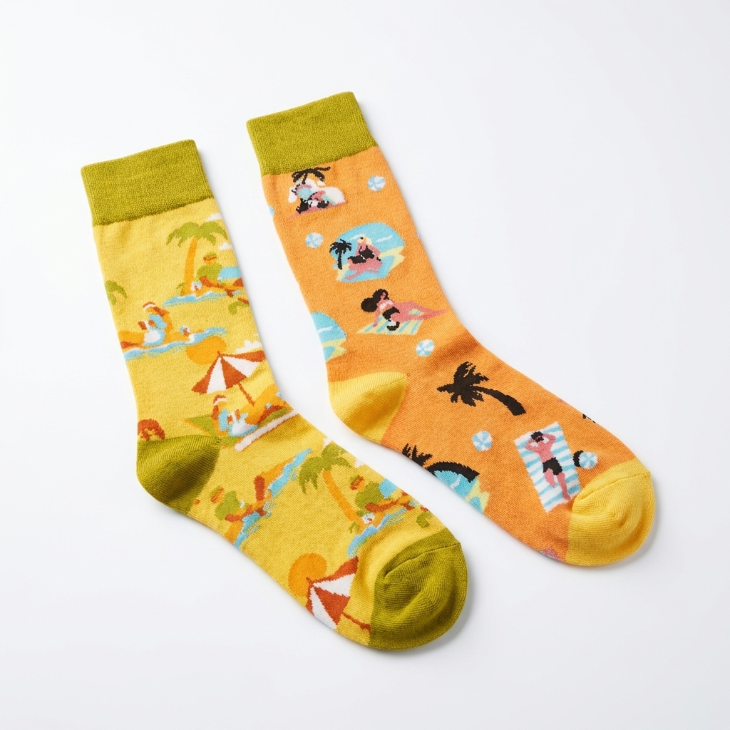 Two colorful socks with tropical designs on a white background
