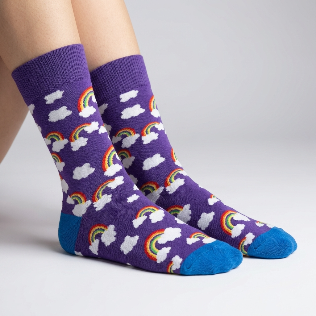 Purple socks with rainbow and cloud patterns worn by a person on a light gray background