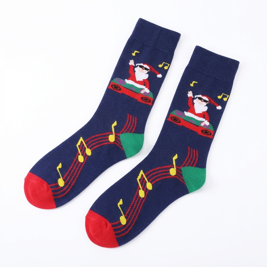 Navy blue socks with a festive design of a Santa Claus driving a car with music notes on a white background.