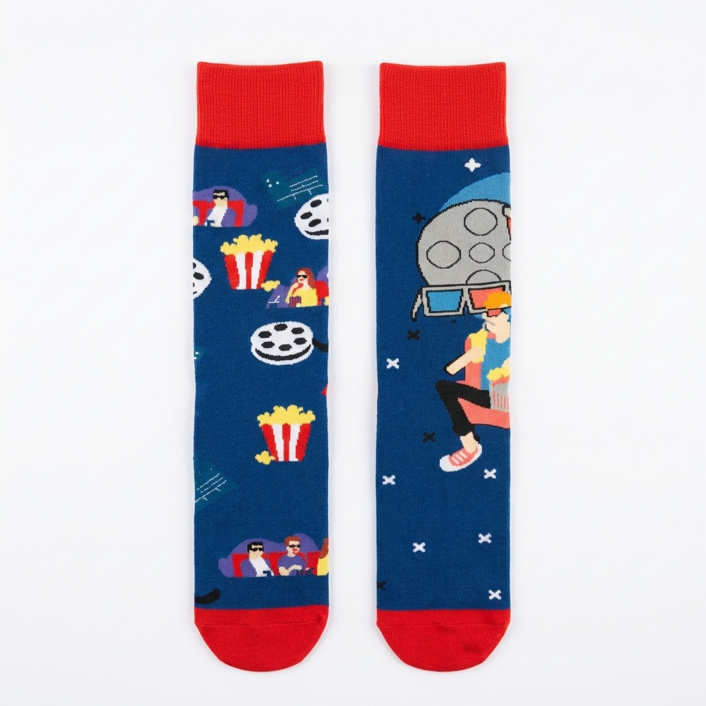 Pair of socks with movie-themed design on a white background