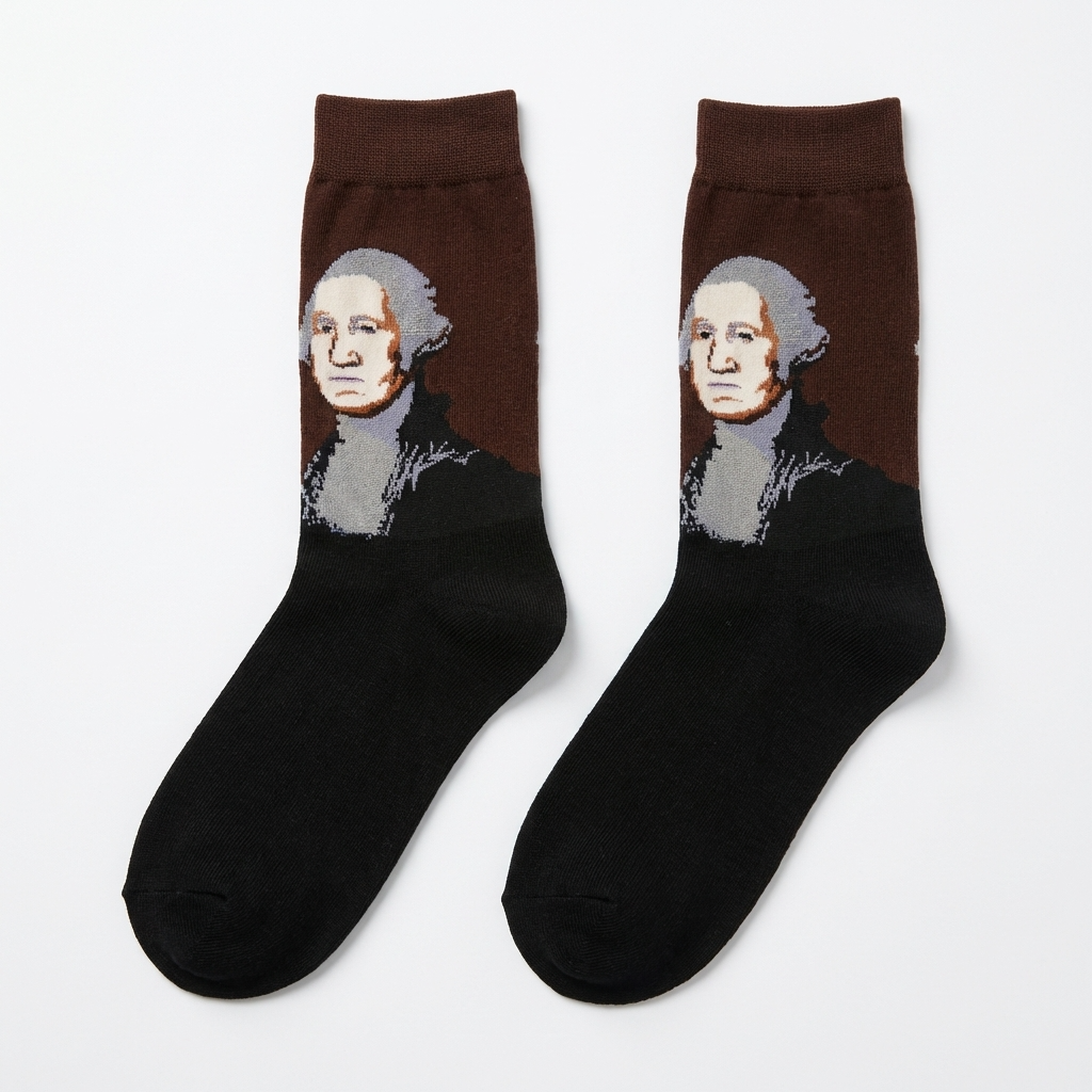 Black socks with a portrait of a historical figure on a white background