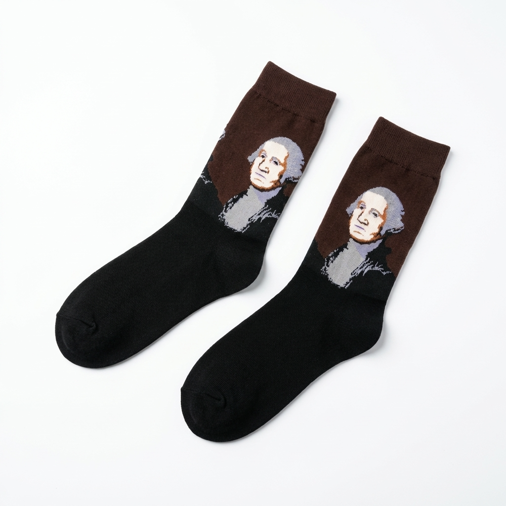 Black socks with a portrait design on a white background
