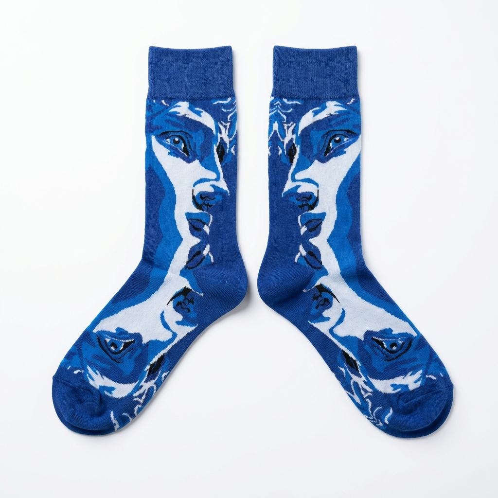 Blue Abstract Face Art Crew Socks