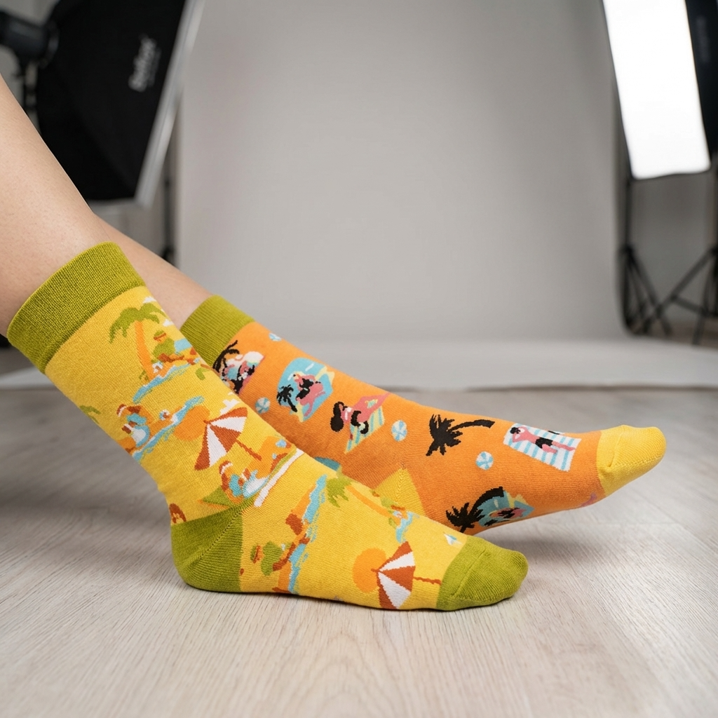 Colorful socks with a tropical design worn by a person indoors.