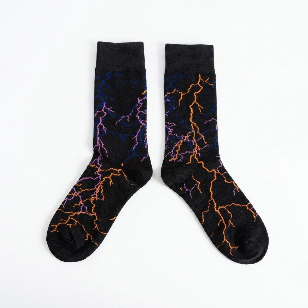 Black socks with colorful lightning patterns on a white background