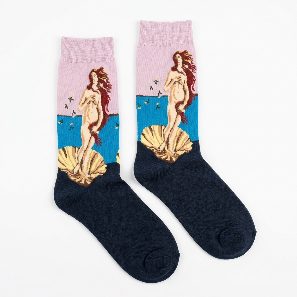 Pair of socks with a design of a woman on a shell against a pink and blue background.