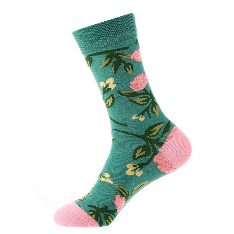 Green floral socks with pink blossoms and leafy design