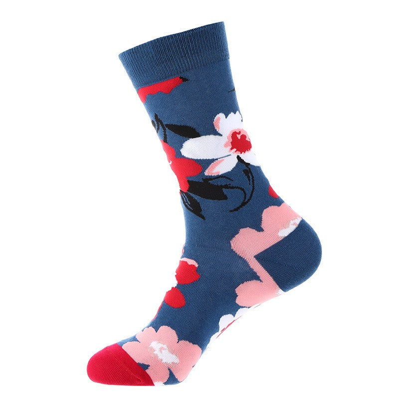 Floral socks with red and pink flowers on navy blue background