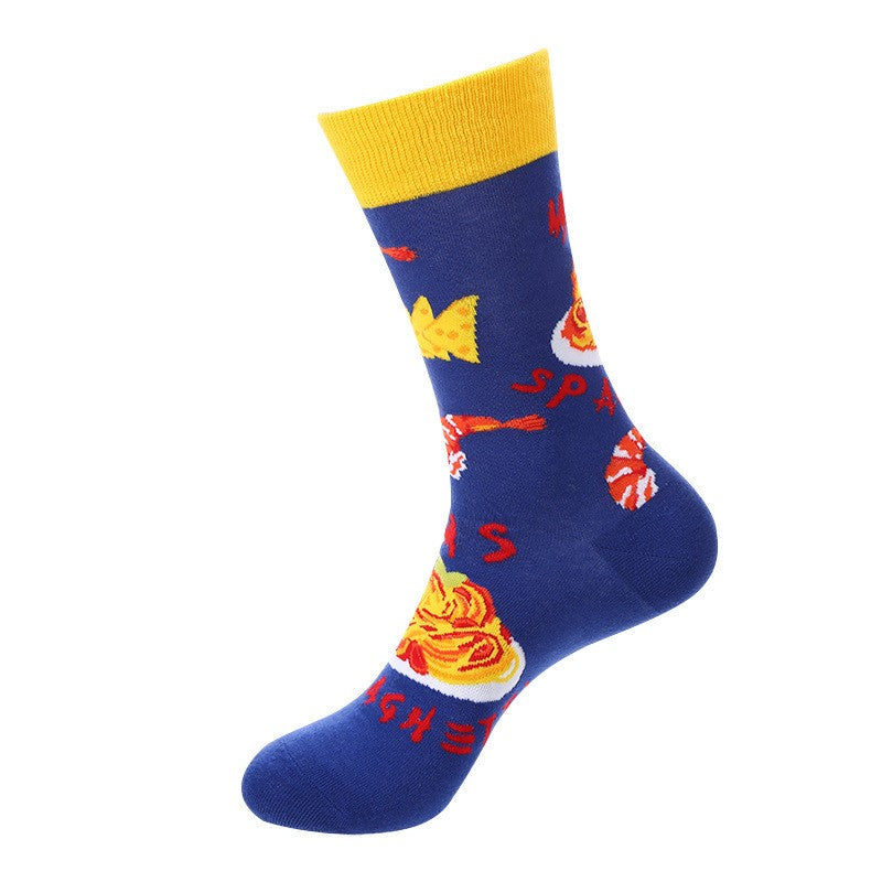 Blue novelty socks with spaghetti, pasta, and shrimp design