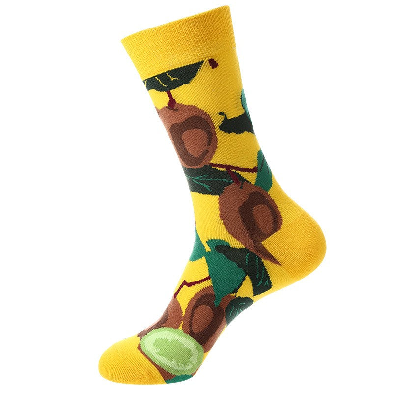 Yellow novelty socks with whole brown kiwis and green kiwi slices – unisex tropical fruit socks