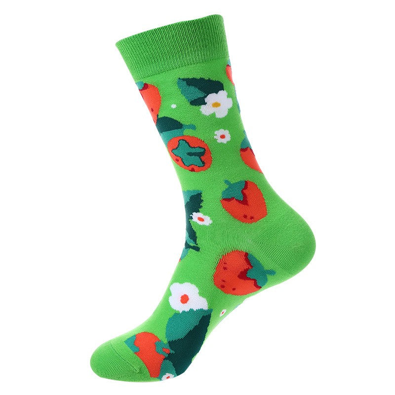 Green novelty socks with red strawberries, green leaves, and white blossoms – unisex fruit socks