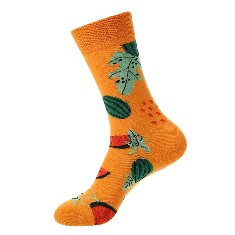 Orange novelty socks with watermelon slices and tropical leaves – unisex fruit socks