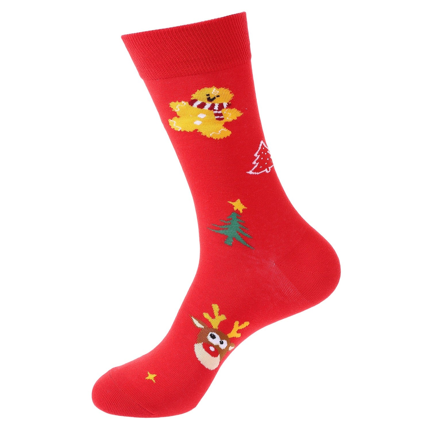 Bright red crew socks with gingerbread man, reindeer, and Christmas tree patterns β festive unisex holiday design