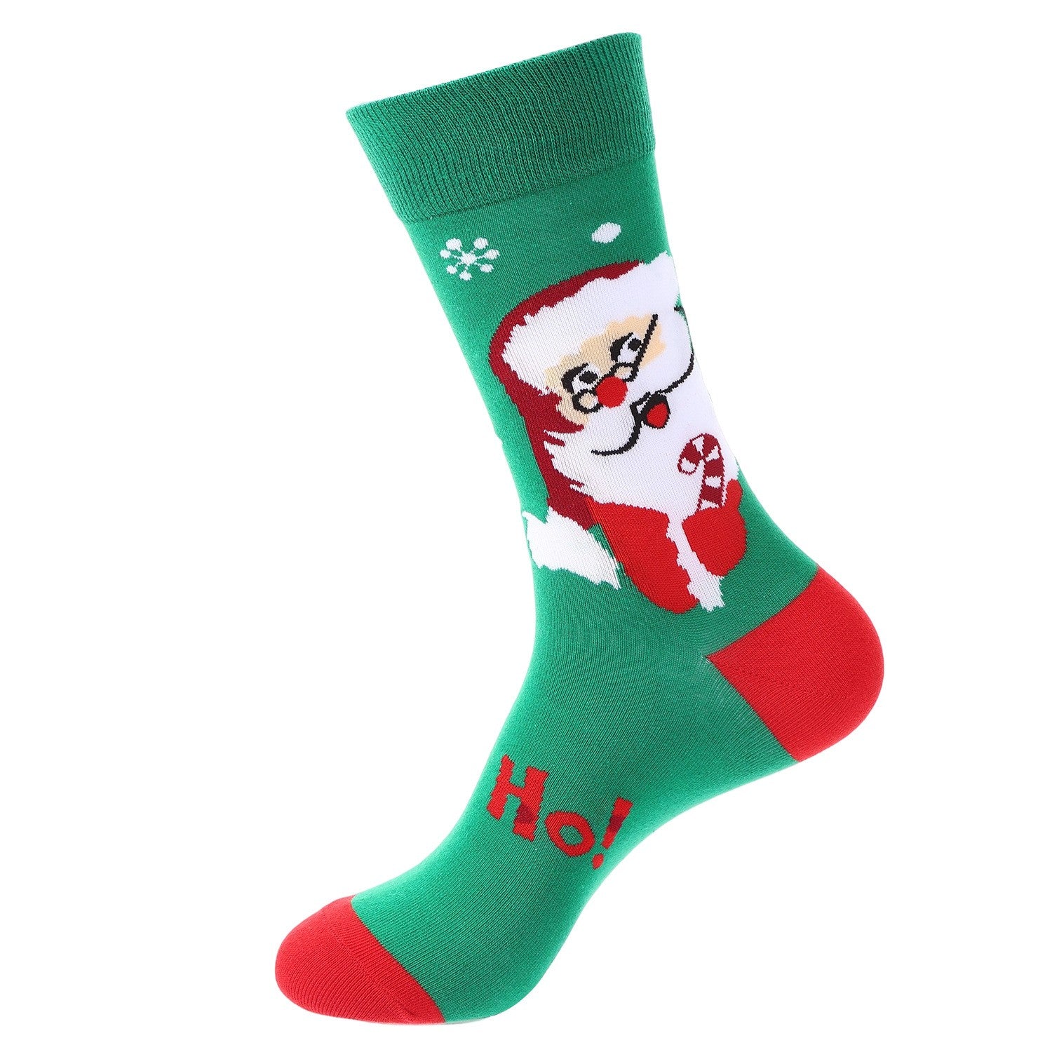 Green and red Christmas socks with Santa holding a candy cane and bold βHo!β text