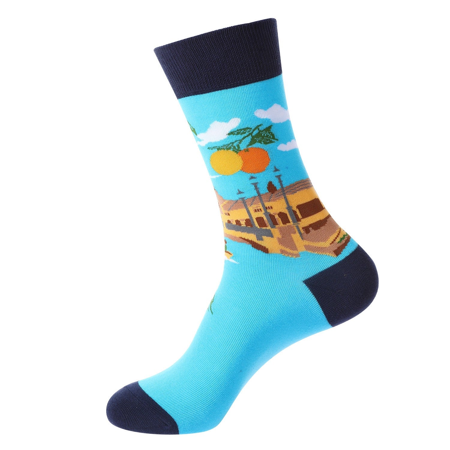 Bright blue socks with oranges and cityscape scenic design – unisex novelty food socks